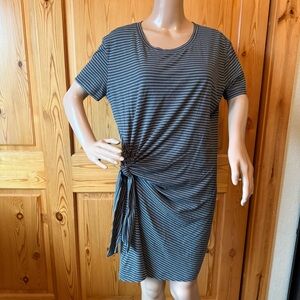 Vince Womens Midi Striped Dress S Gray Stripes Side Tie Ruched Comfy Cotton